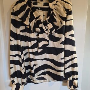 Kate Spade Black and White Zebra Print Ruffled Long Sleeve Blouse